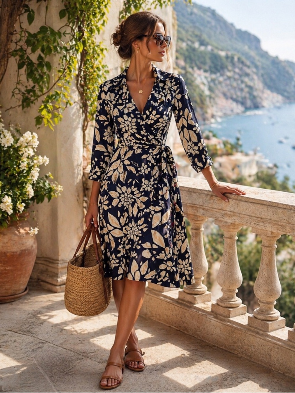 Diane von Furstenberg DVF Wrap Dress 6 Navy Cream Floral Cotton French Cuff